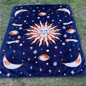 VTG Celestial Sunface Moon Stars Planets Cosmos Plush Blanket Whimsigoth 80x97